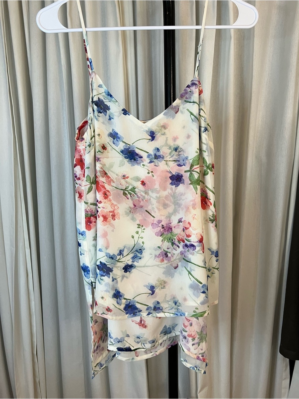 Theory White Floral High-Low Silk  Whimsygoth Cami with Pink & Blue Blooms